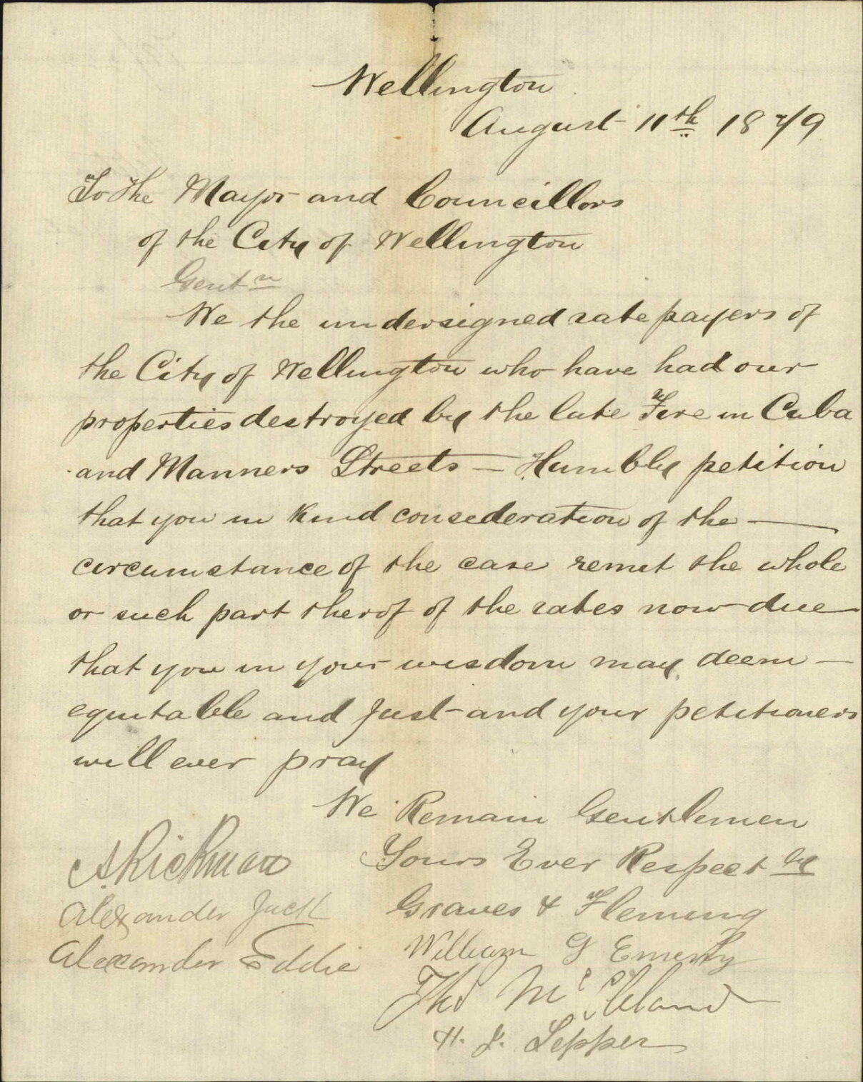Petition requesting that rates demand be dropped due property being lost in the great fire of 1879