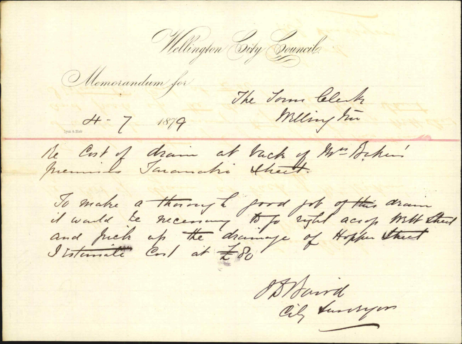 Re memo re cost of drain at back of property of Mr Baker in Taranaki Street - City Surveyor