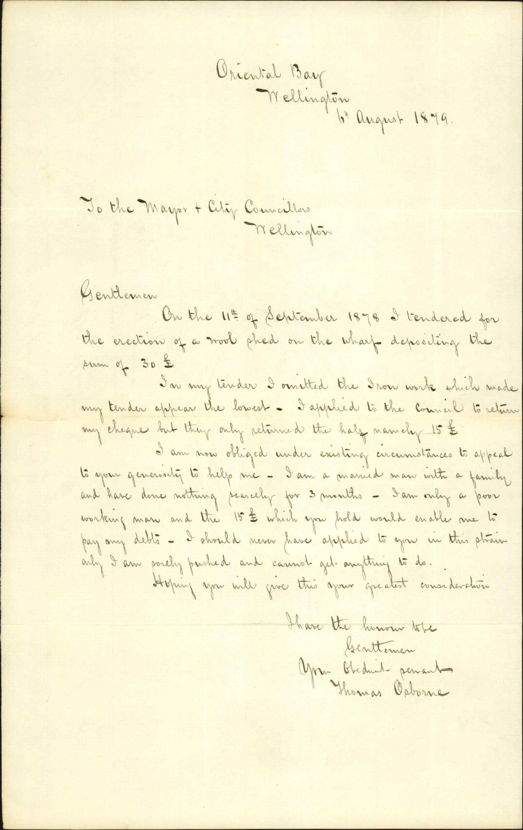 Re plea for a return of a &pound;15 deposit due to difficult financial conditions - Thomas Osborne