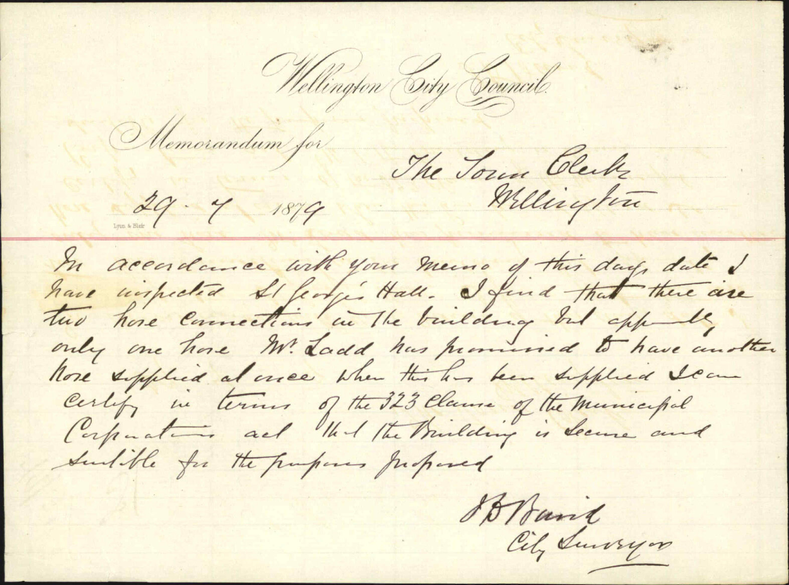 Memo re fire hoses in St Georges Hall - City Surveyor