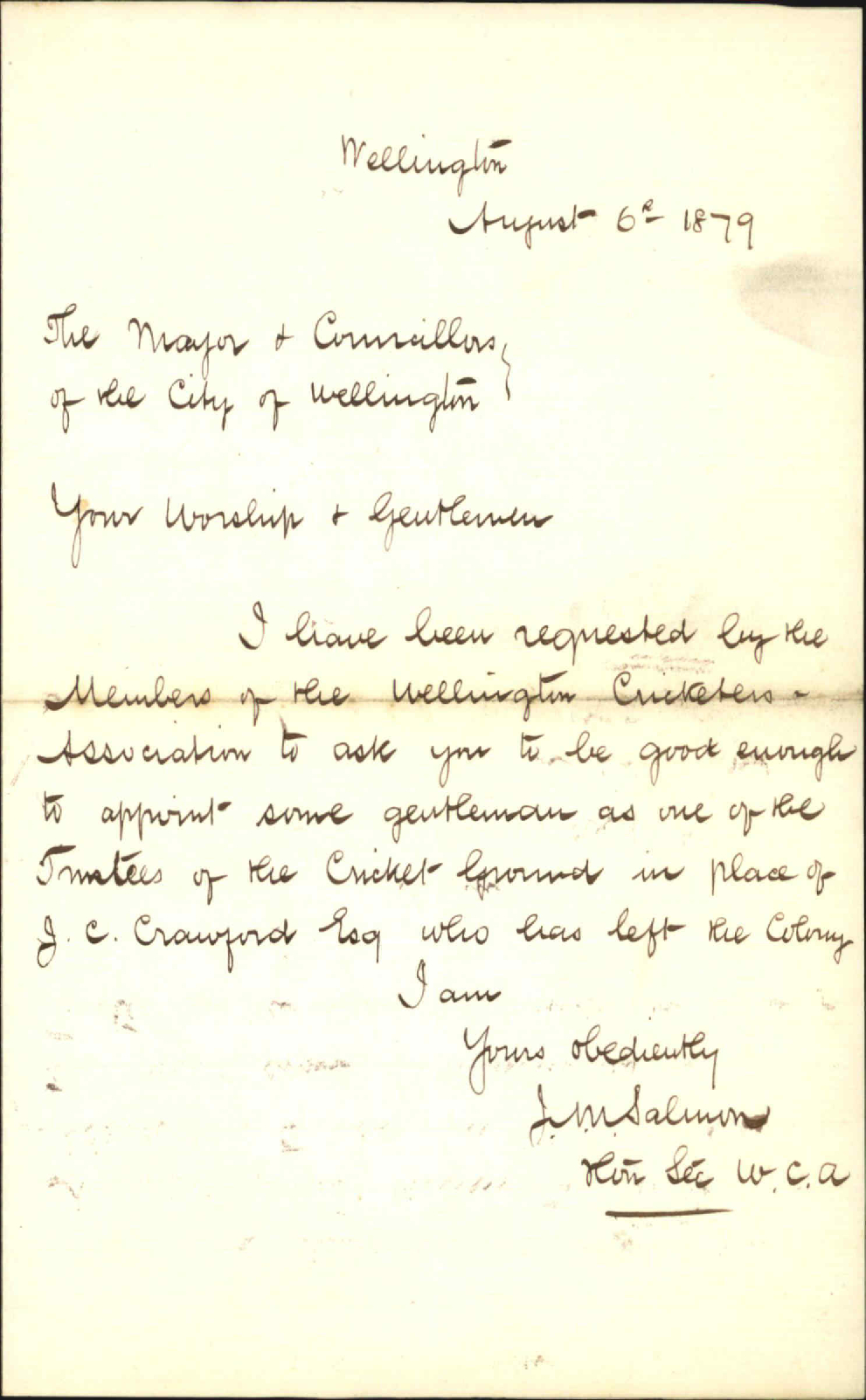Re request that a new trustee be appointed - J M Salmon, Wellington Cricketers Association