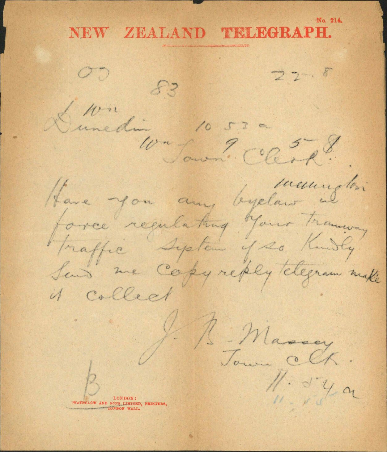 Town Clerk, Dunedin, regarding bylaws as to City Tramways