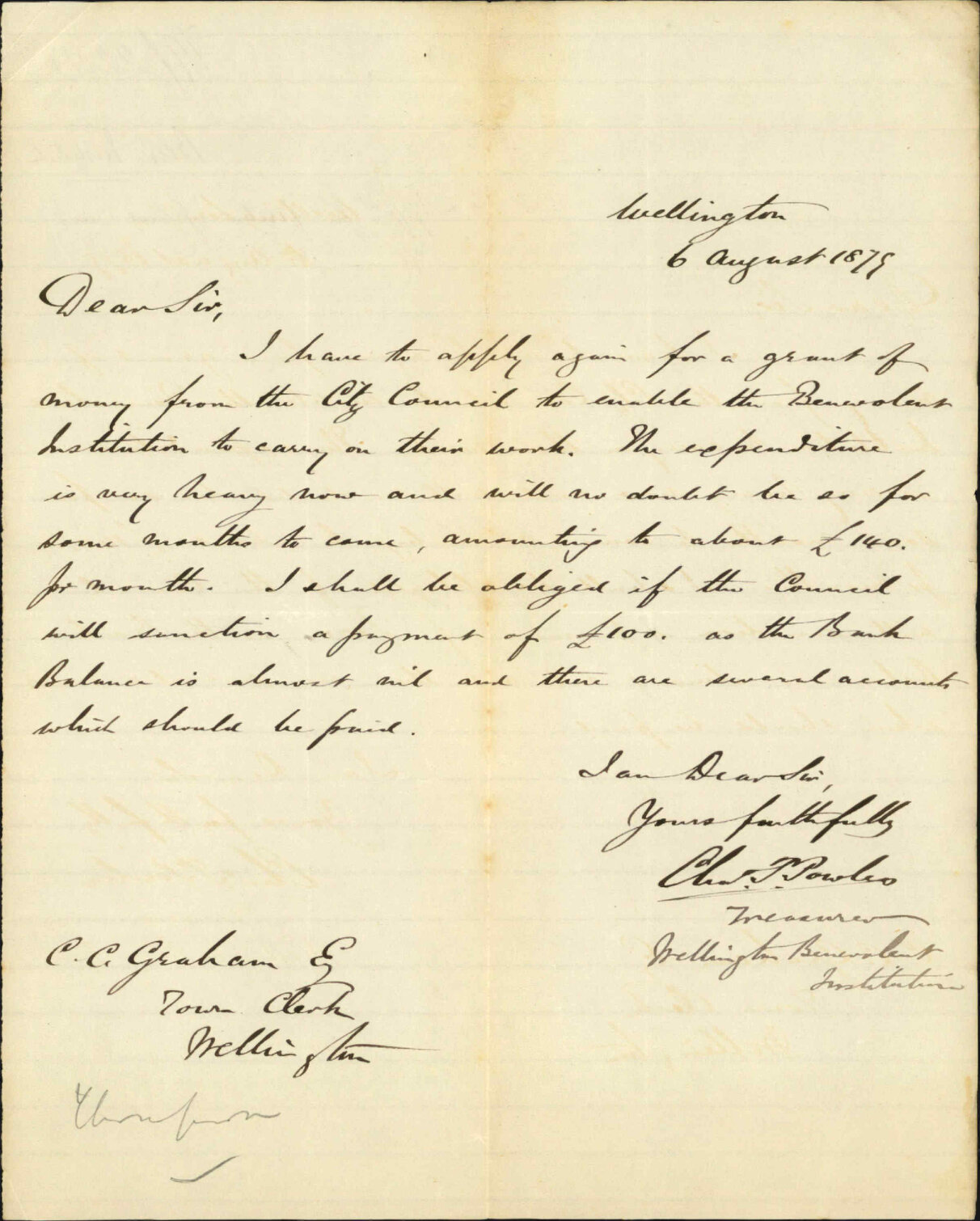 Re request for a donation of &pound;100 - Wellington Benevolent Institution