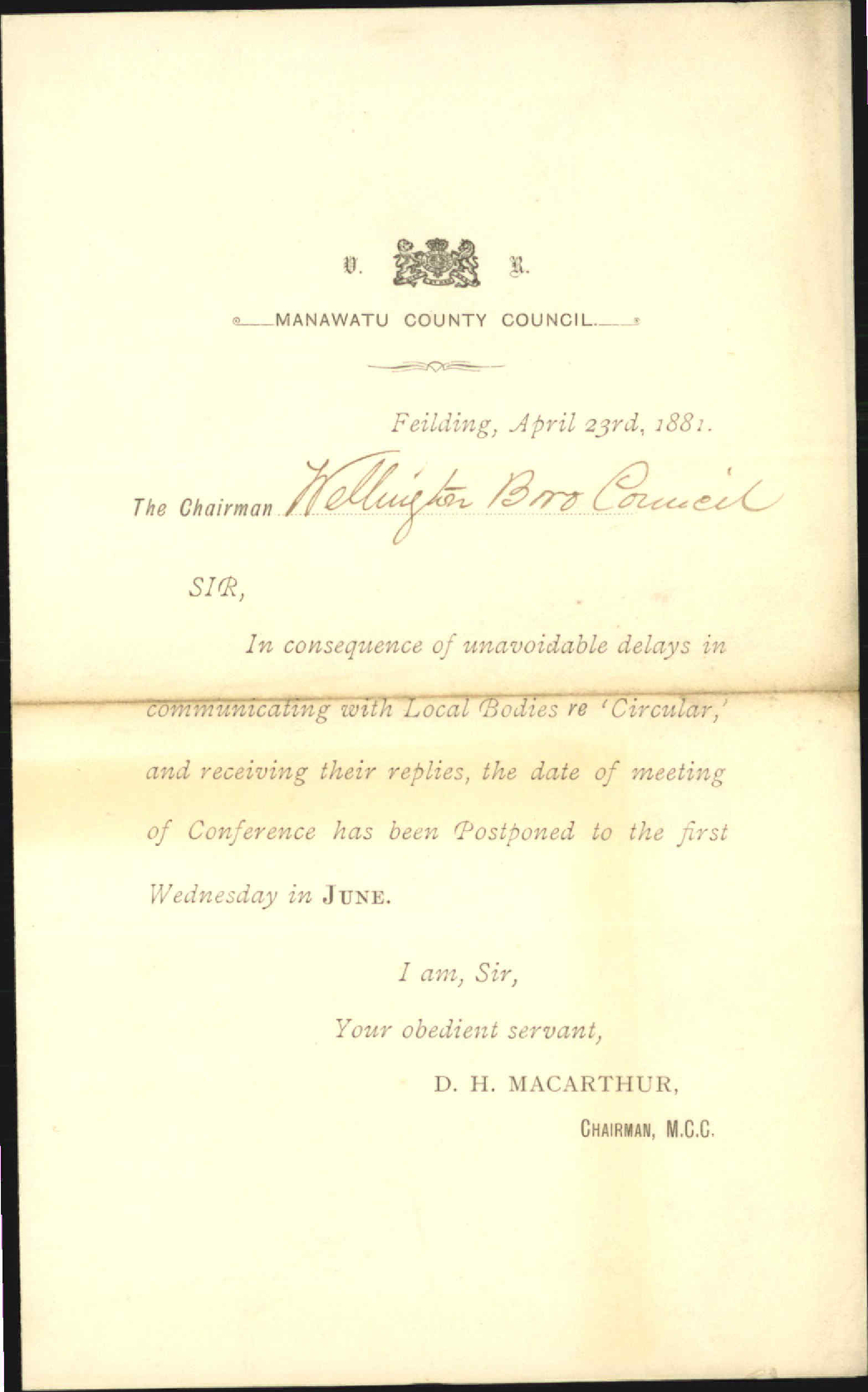 Manawatu County Council, Conference postponed until 1st June