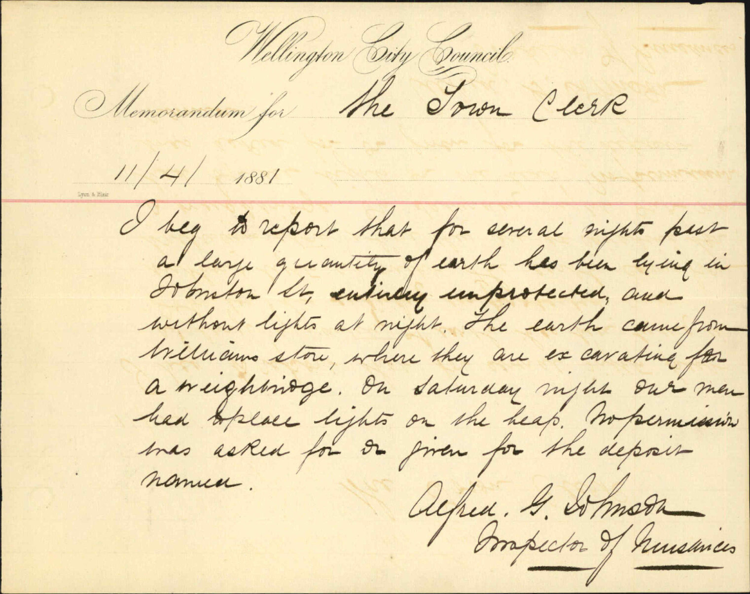Inspector of Nuisances, regarding obstruction to Johnston Street