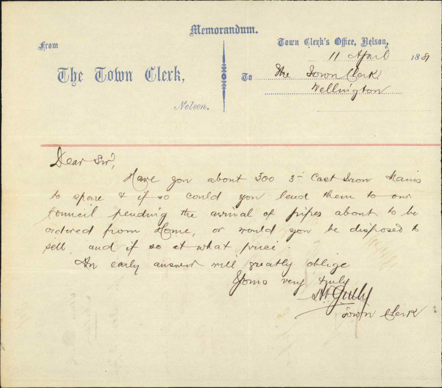 Town Clerk, Nelson, asking for loan of 3" pipes