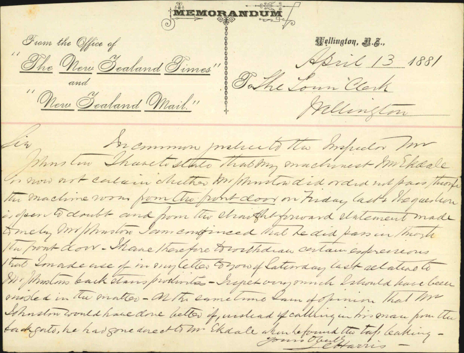 J C Harris, withdrawing charge against Inspector of Nuisances
