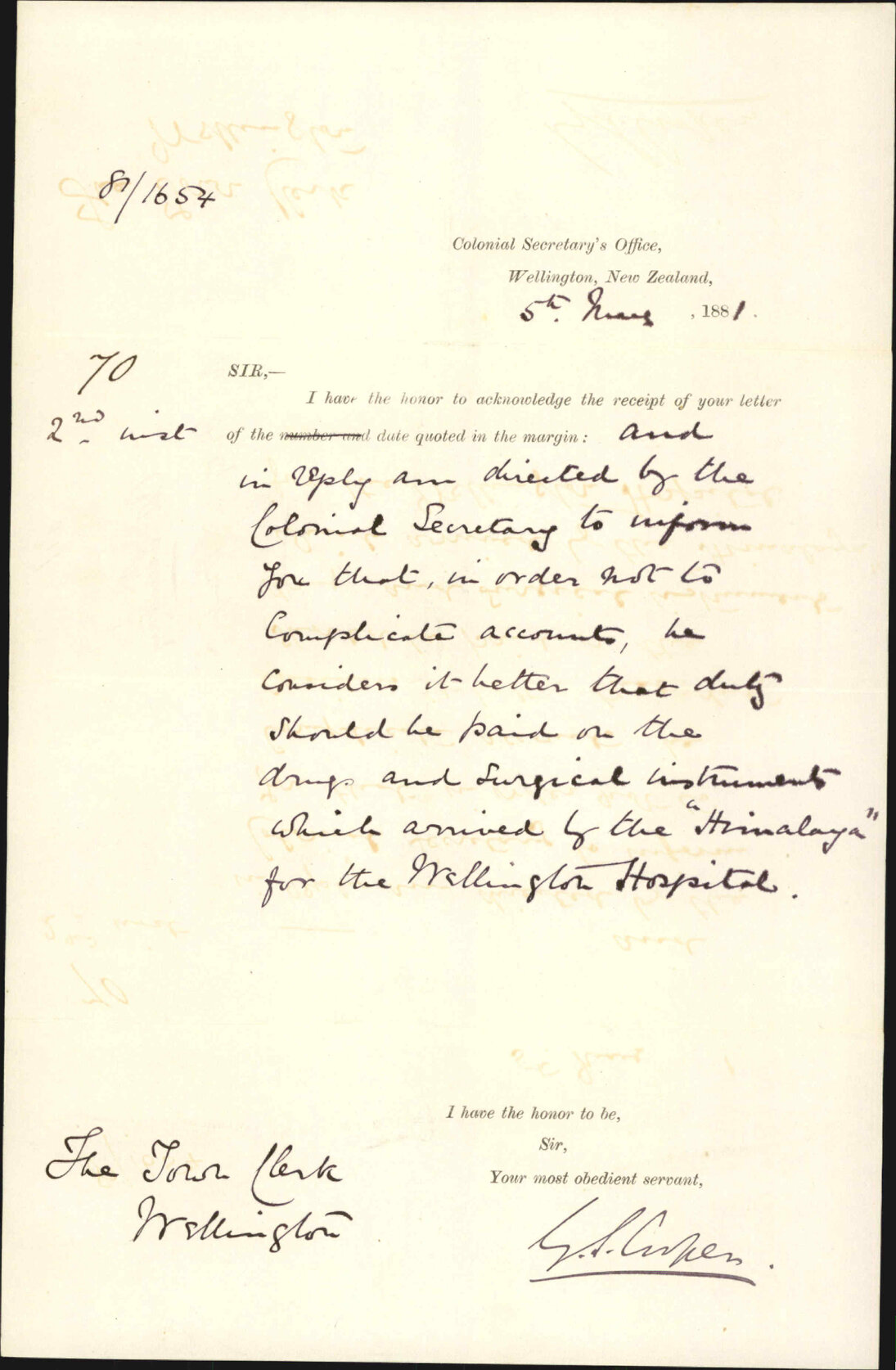 Colonial Secretary's Office, regarding duty on drugs for hospital from "Himalaya"
