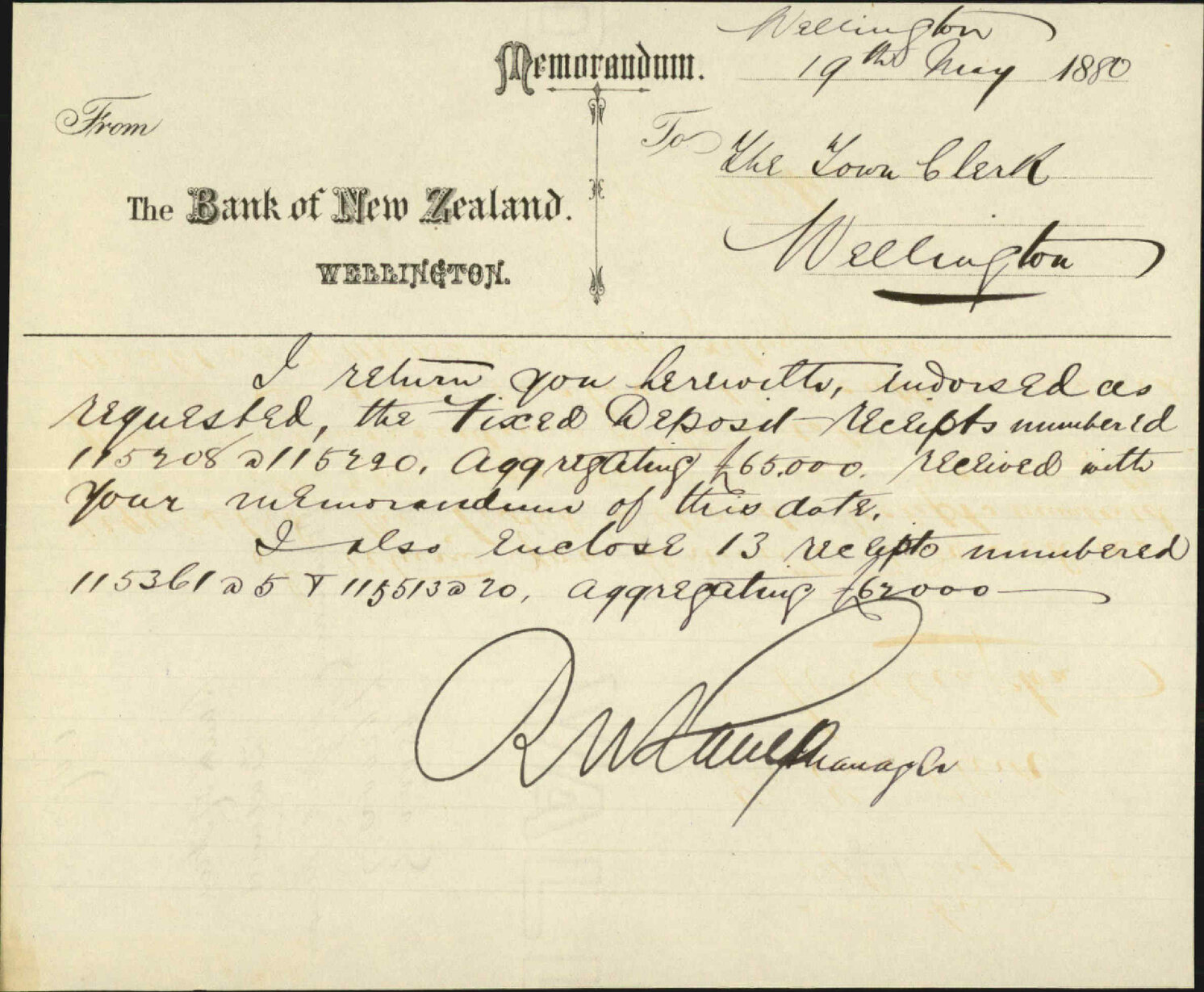 Bank of New Zealand, forwarding deposit receipts &pound;62,000 and &pound;65,000