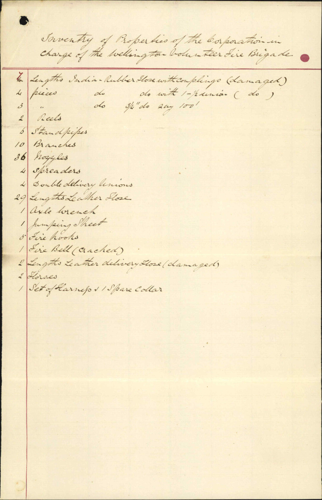 Wellington Volunteer Fire Brigade, regarding inventory, statement of assets and liabilities - Fire Brigade