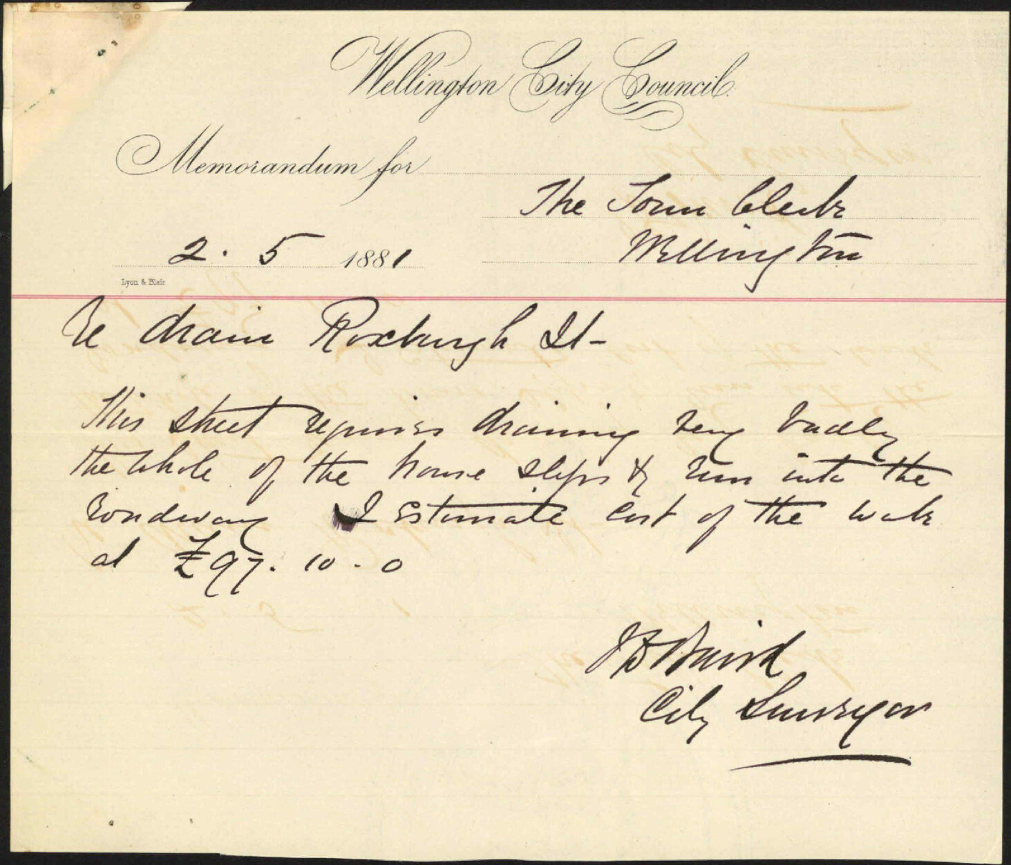 W Tyrrell, application for drain in Roxburgh Street