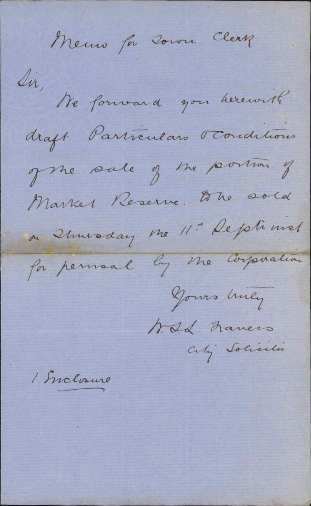 Forwarding draft particulars and conditions of the sale of the portion of Market Reserve - City Solicitor