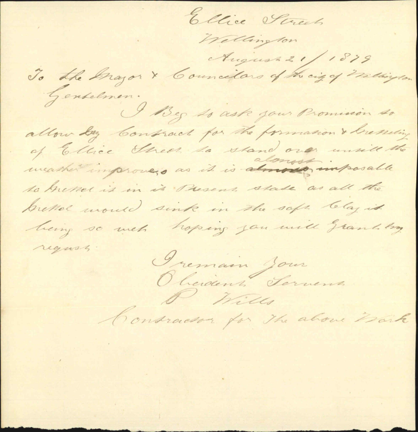 Re request for permission to form Ellice Street - P Wills, Contractor