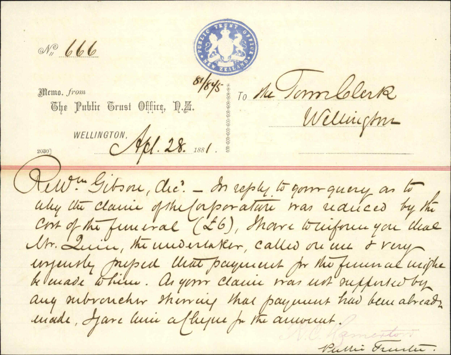 Public Trust Office, regarding account per burial William Gibson