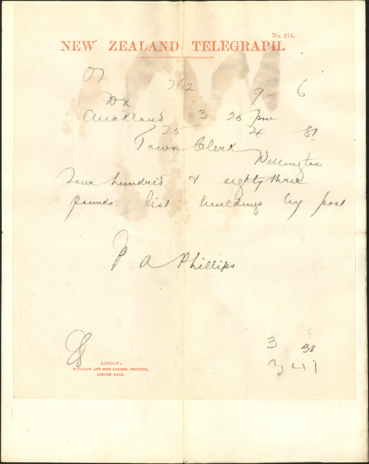 Town Clerk, Auckland, regarding water supplied to Government