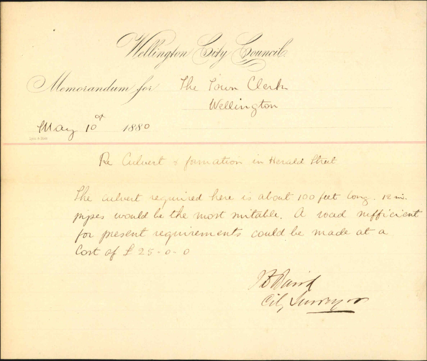 City Surveyor, regarding culvert and formation Herald Street
