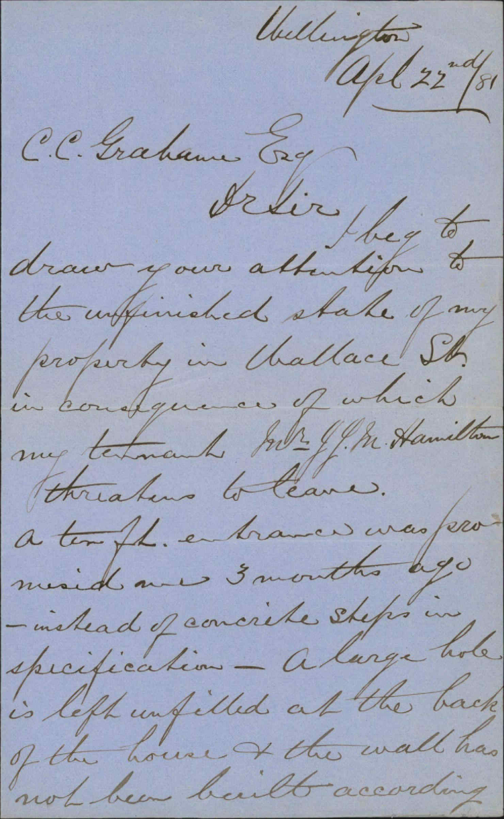 A Sample, complaint as to works at Wallace Street