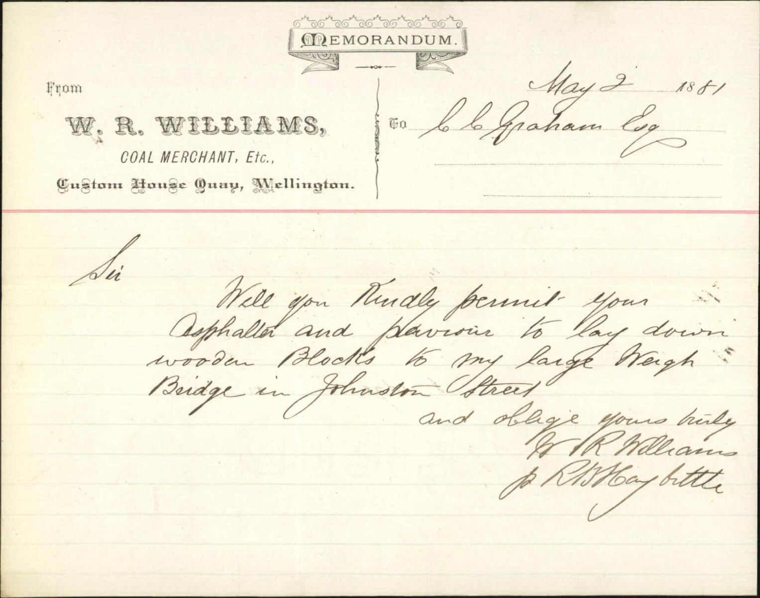 W R Williams, regarding asphalt pavement to weighbridge, Dixon Street