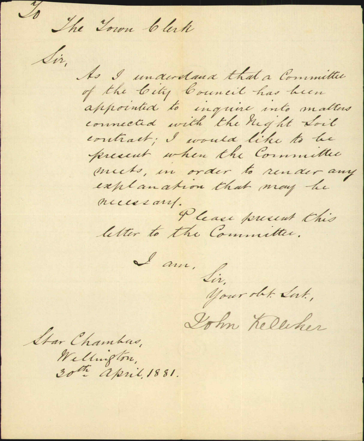John Kelliher, regarding to be present at meeting of night soil committee