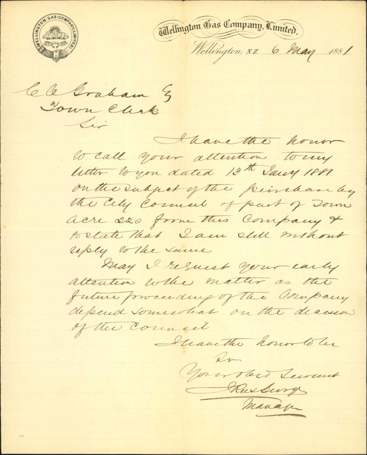Wellington Gas Company, regarding payment for Tory Street extension