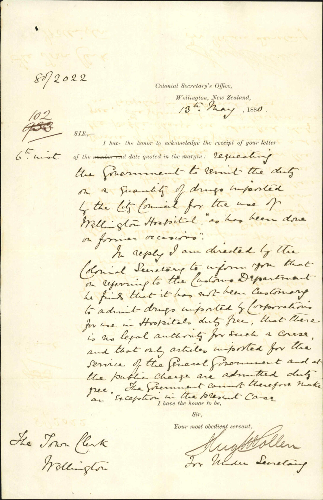 Colonial Secretary's Office, declining to ignore duty on imported drugs for use of Wellington Hospital