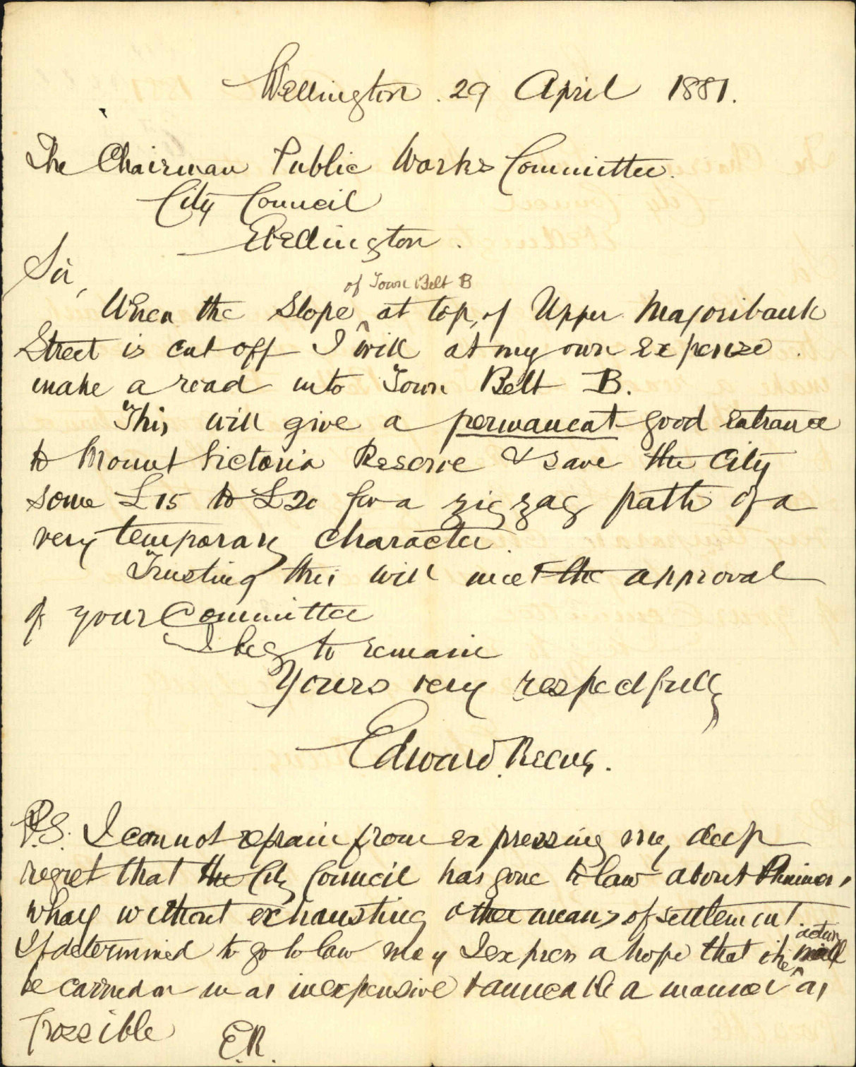 Edward Reeves, regarding cutting at head of Majoribanks Street
