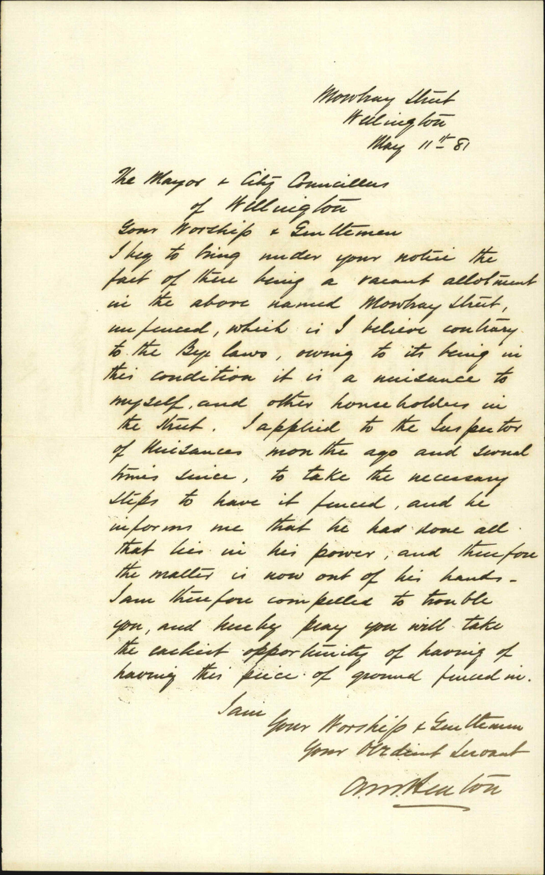A M Heaton, complaint regarding unfinished section in Mowbray Street