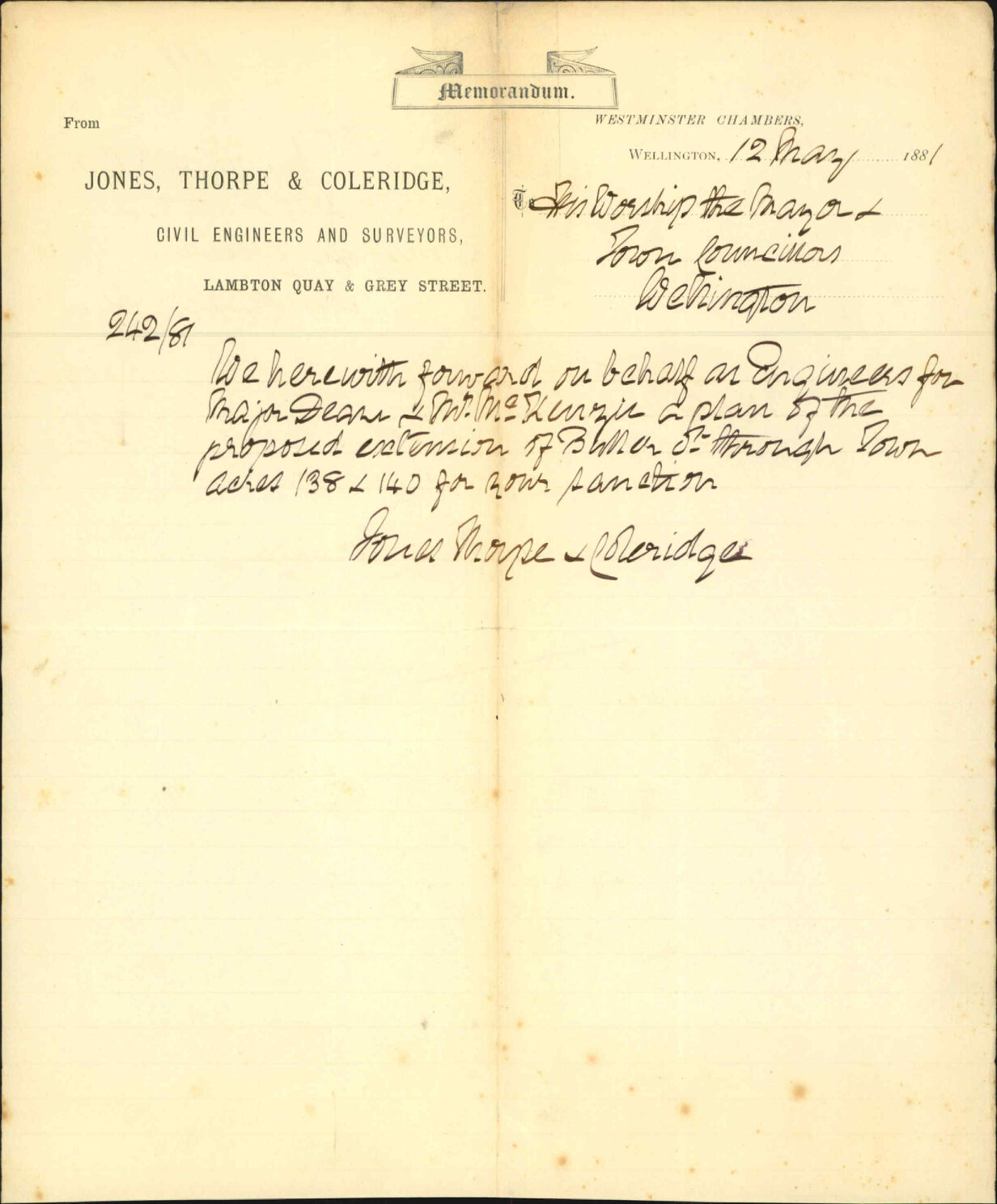 Jones, Thorpe and Coleridge, application for extension of Buller Street