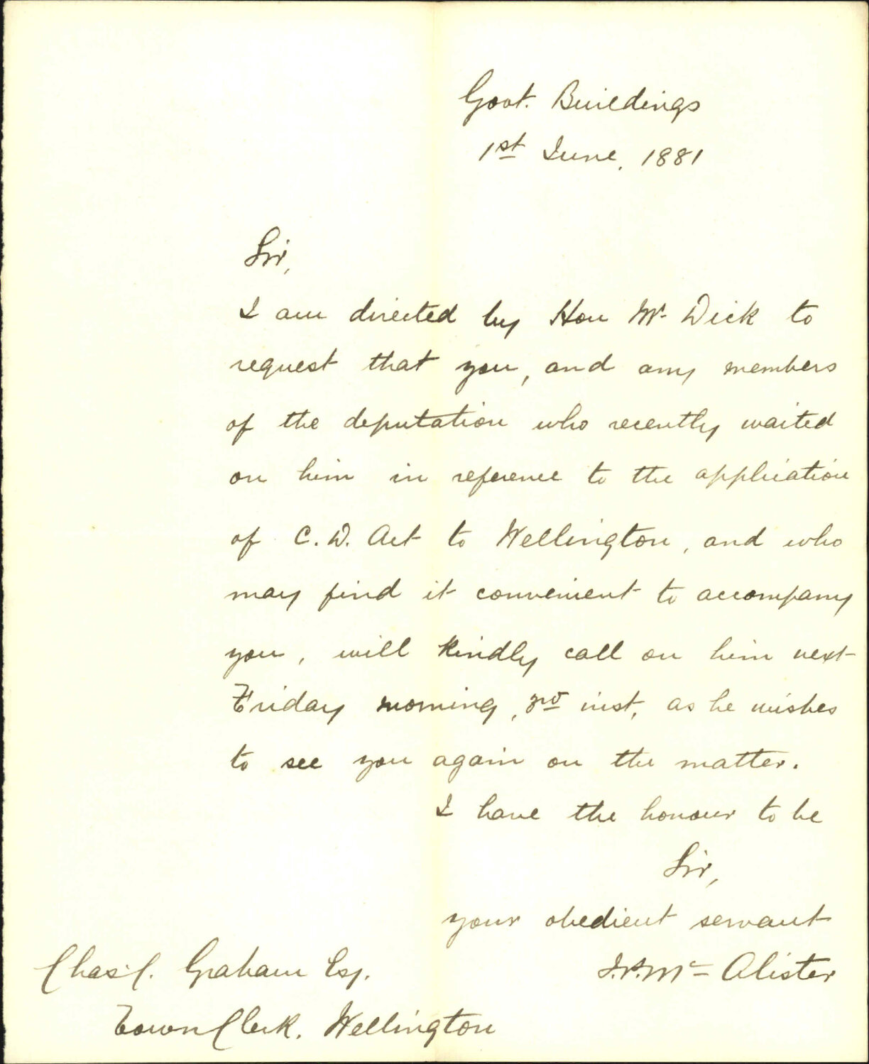 Colonial Secretary's Office, to receive deputation regarding "Contagious Diseases Act"