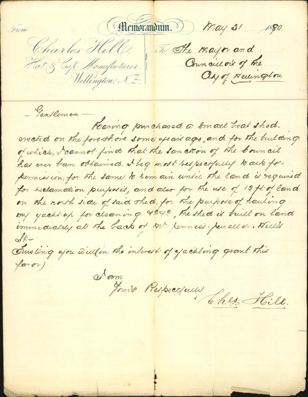 Charles Hill, application regarding boat shed regarding Te Aro reclamation