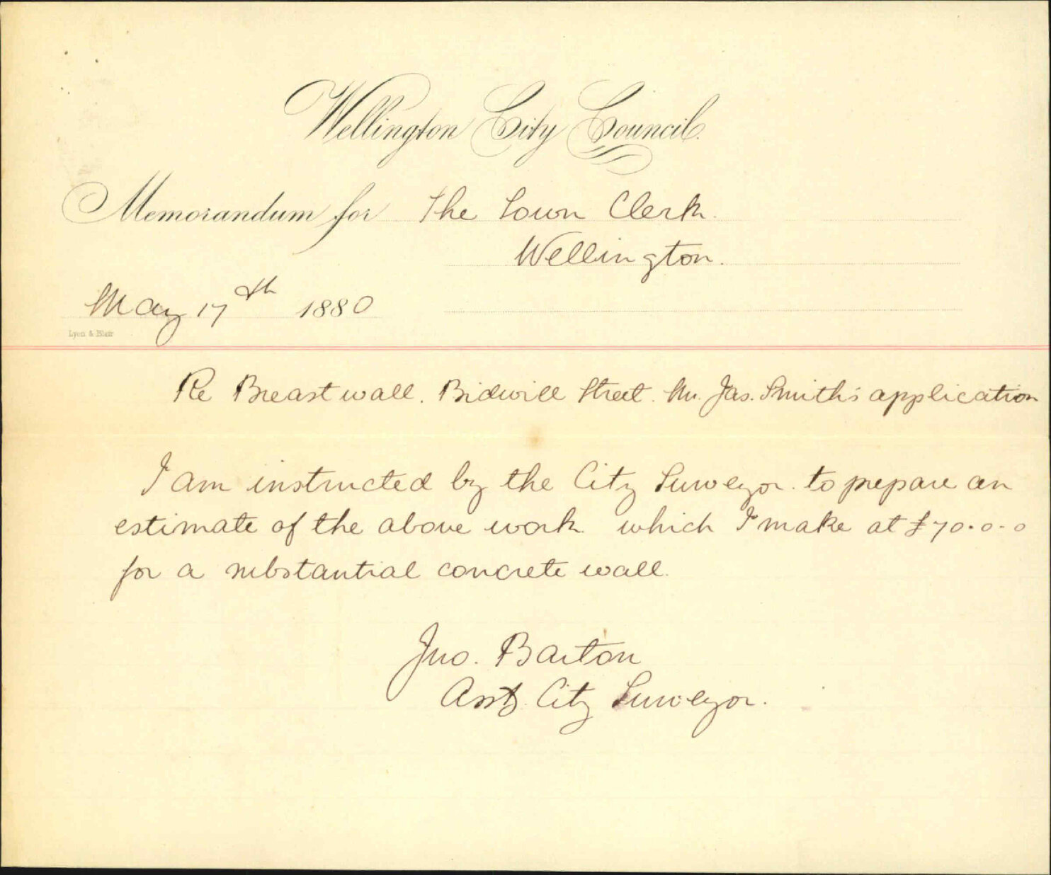 City Surveyor, estimate of cost regarding breastwall Bidwill Street