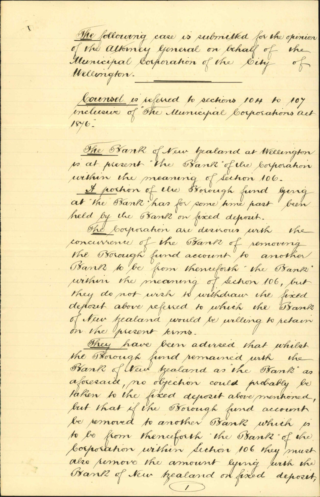 City Solicitor, case submitted to Attorney General, Fred Whitaker, regarding banking of Wellington City Council, and the Attorney General's response