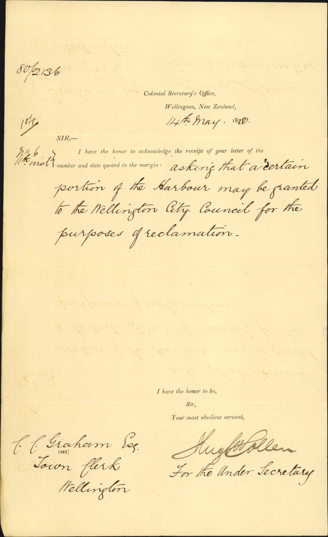 Colonial Secretary's Office, regarding receipt of request for granting of a portion of the Harbour to Wellington City Council for reclamation