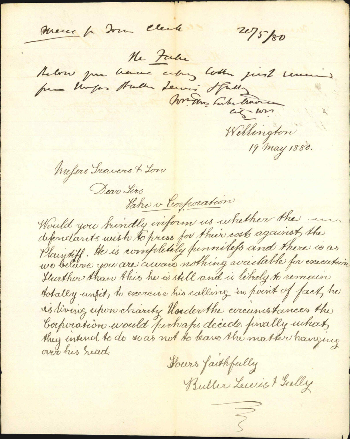 Buller Lewis and Gully, regarding costs against plaintiff in Fake v Corporation