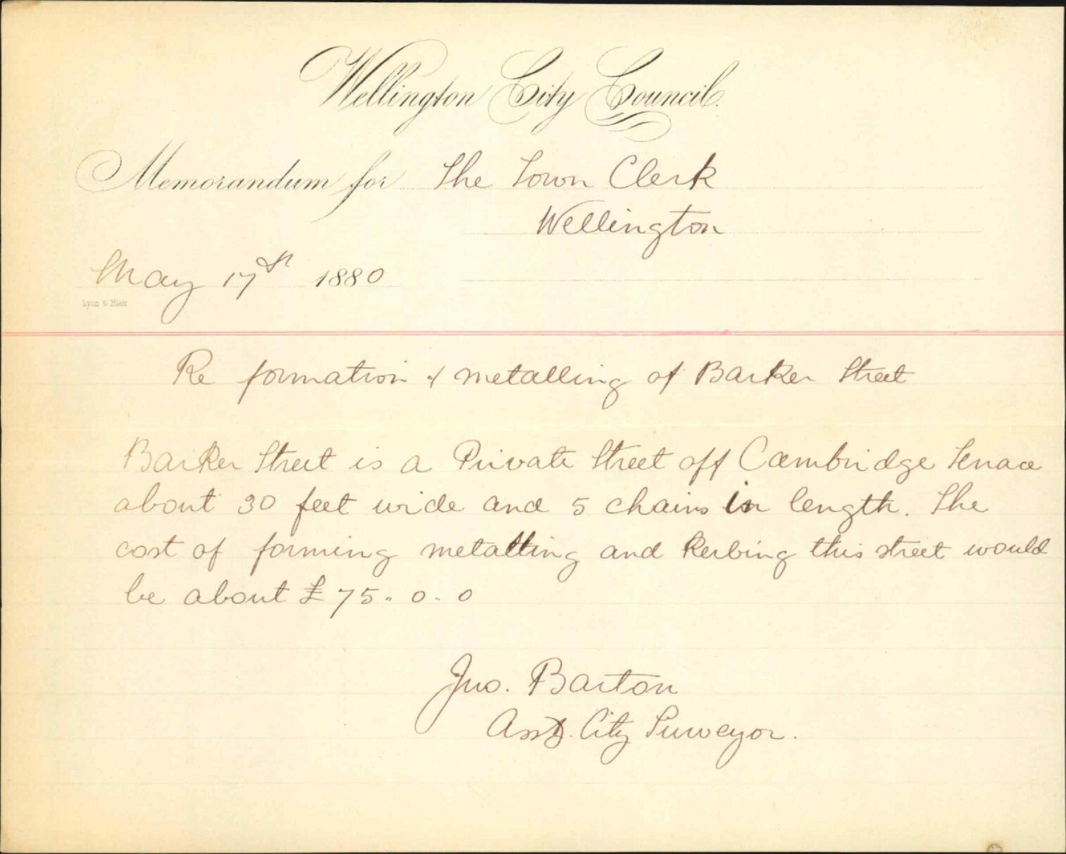 City Surveyor, report as to formation and metalling of Barker Street