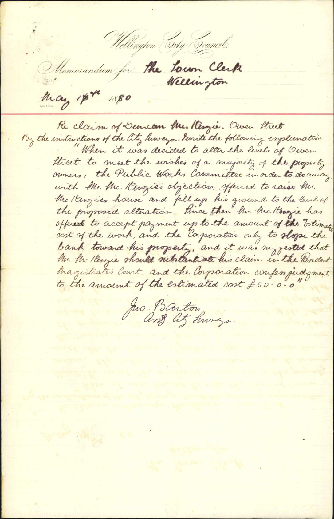 City Surveyor, report as to D MacKenzie's claim regarding raising of Owen Street