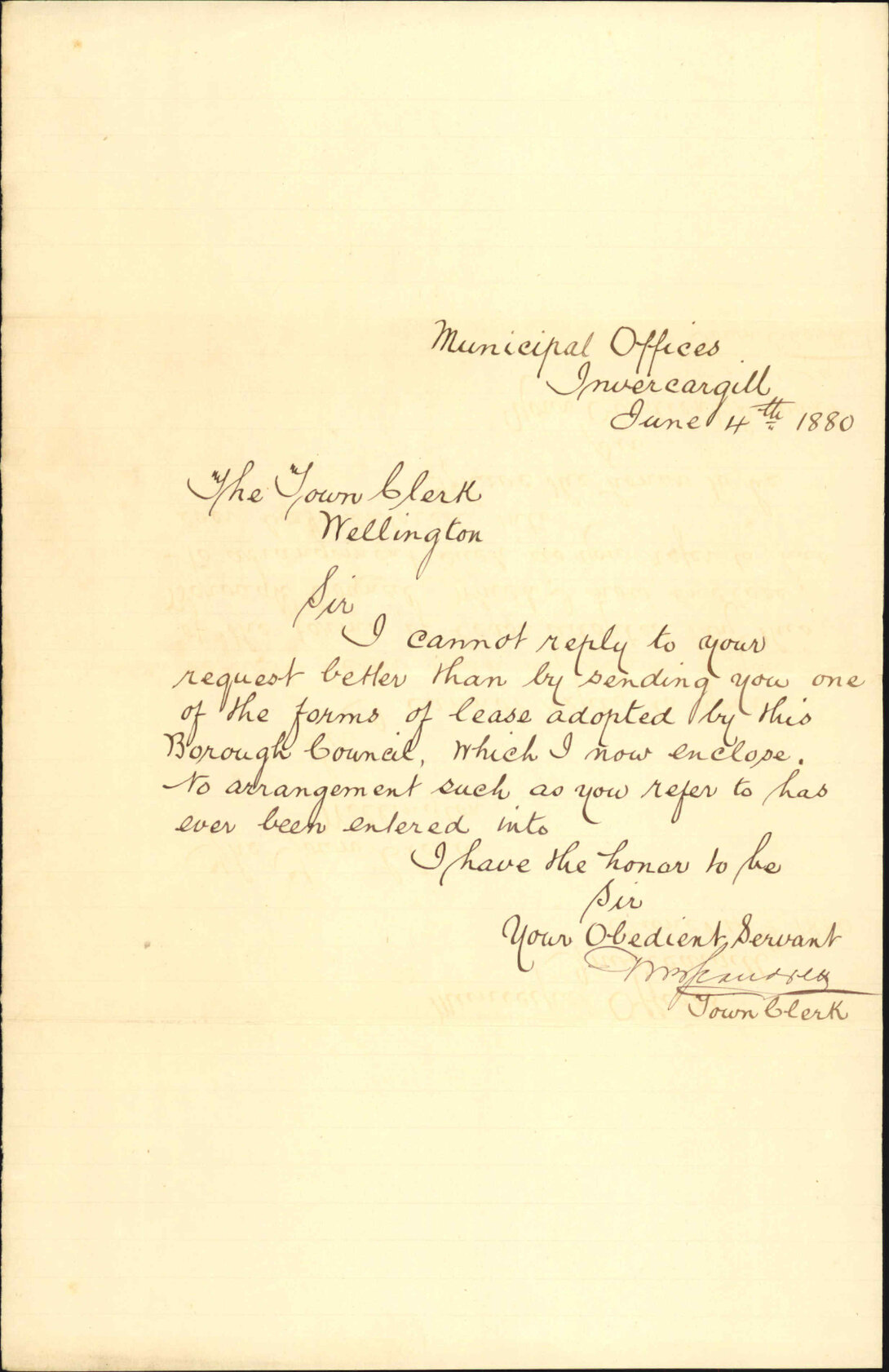 Town Clerk, Invercargill, forwarding copy of lease of corporation property
