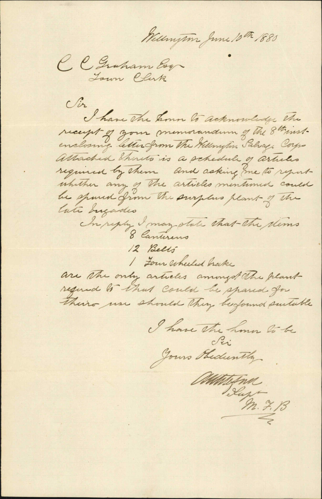 Superintendent Municipal Fire Brigade, regarding surplus plant to be granted to salvage corps