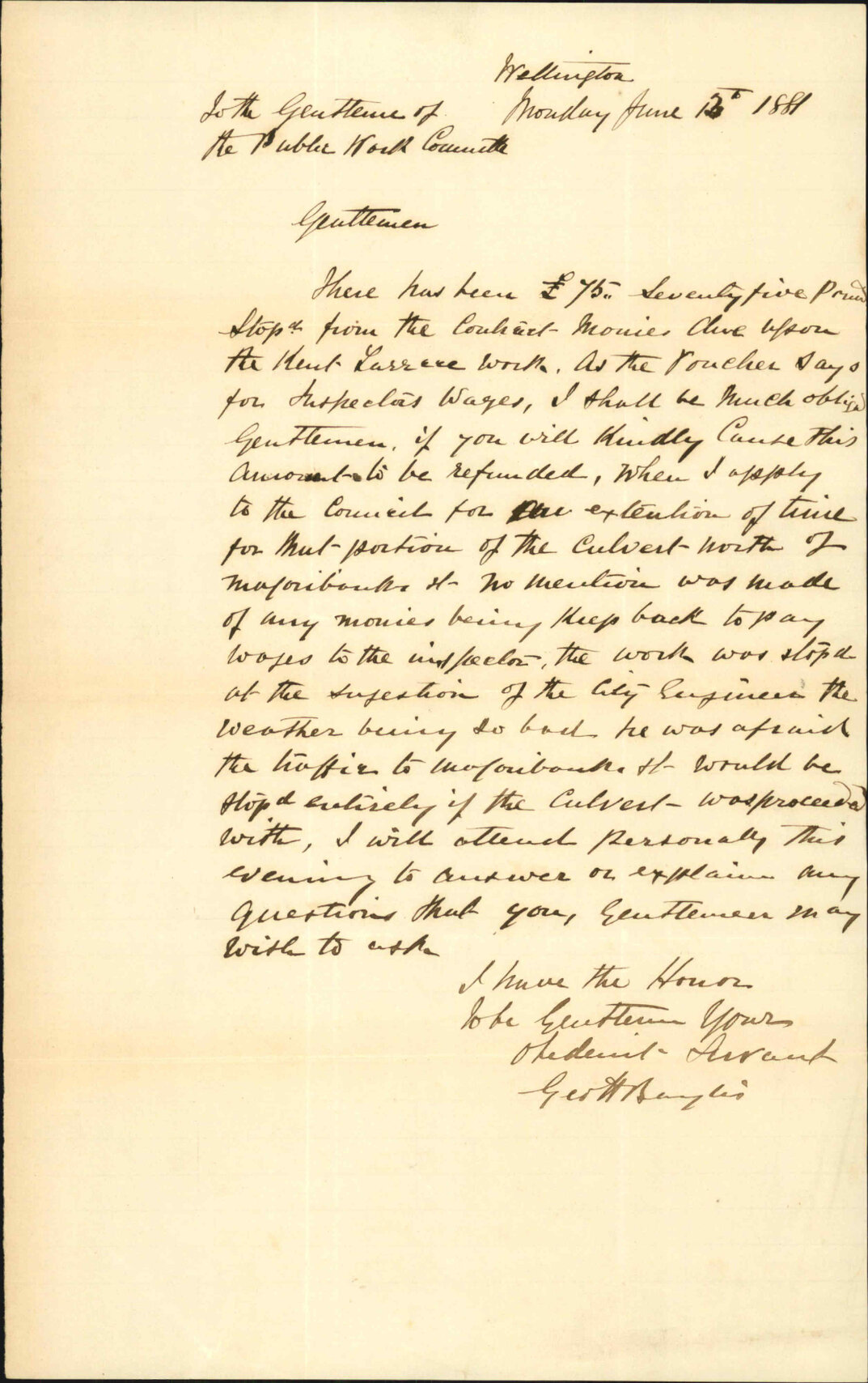 G H Baylis, regarding stoppage of salary of Inspector of Works from contract payments