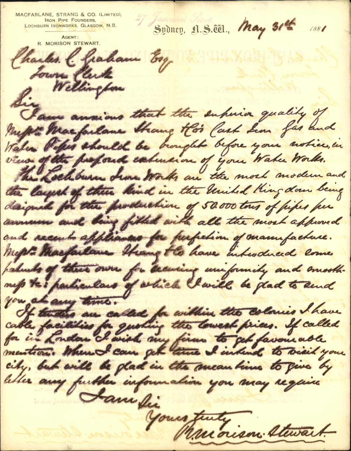 R Morrison Stewart for Macfarlane, Strang and Co, regarding water pipe contracts