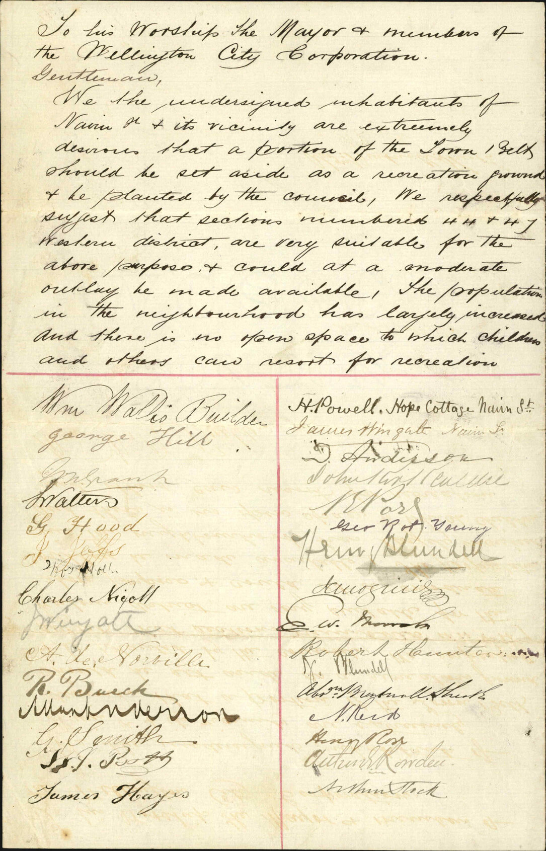 Petition re recreation area in Town Belt, Nairn Street vicinity