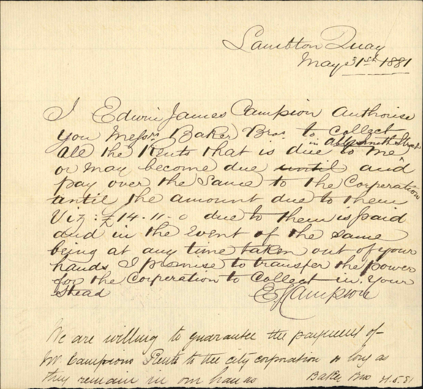 E J Campion, authority to Baker Brothers to hand over rents