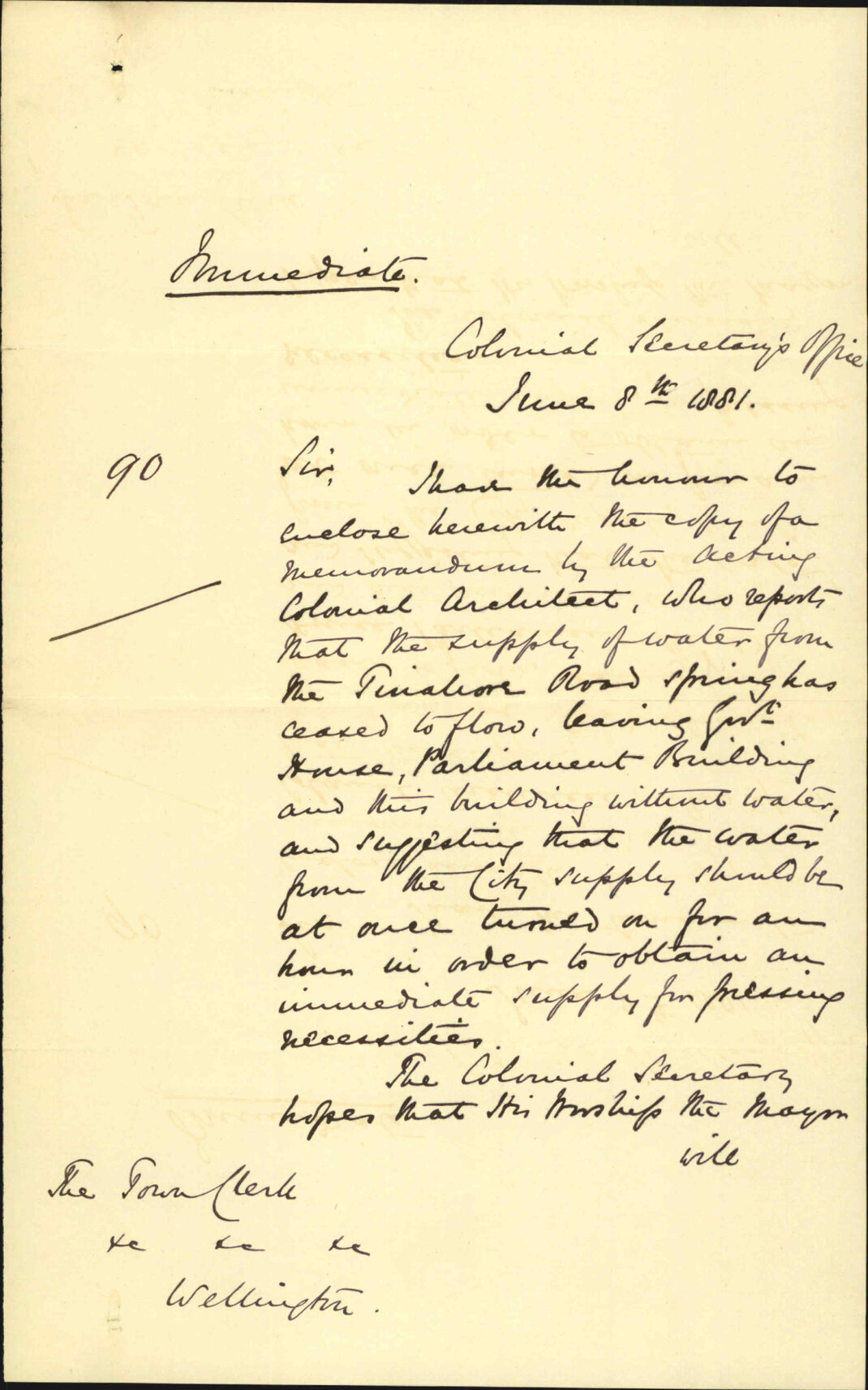 Colonial Secretary's Office, regarding water supply to Government buildings
