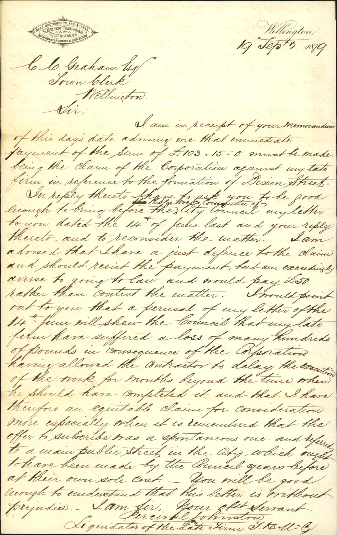Re claim in June about payment for formation of Dixon Street - Land Auctioneers and Agents