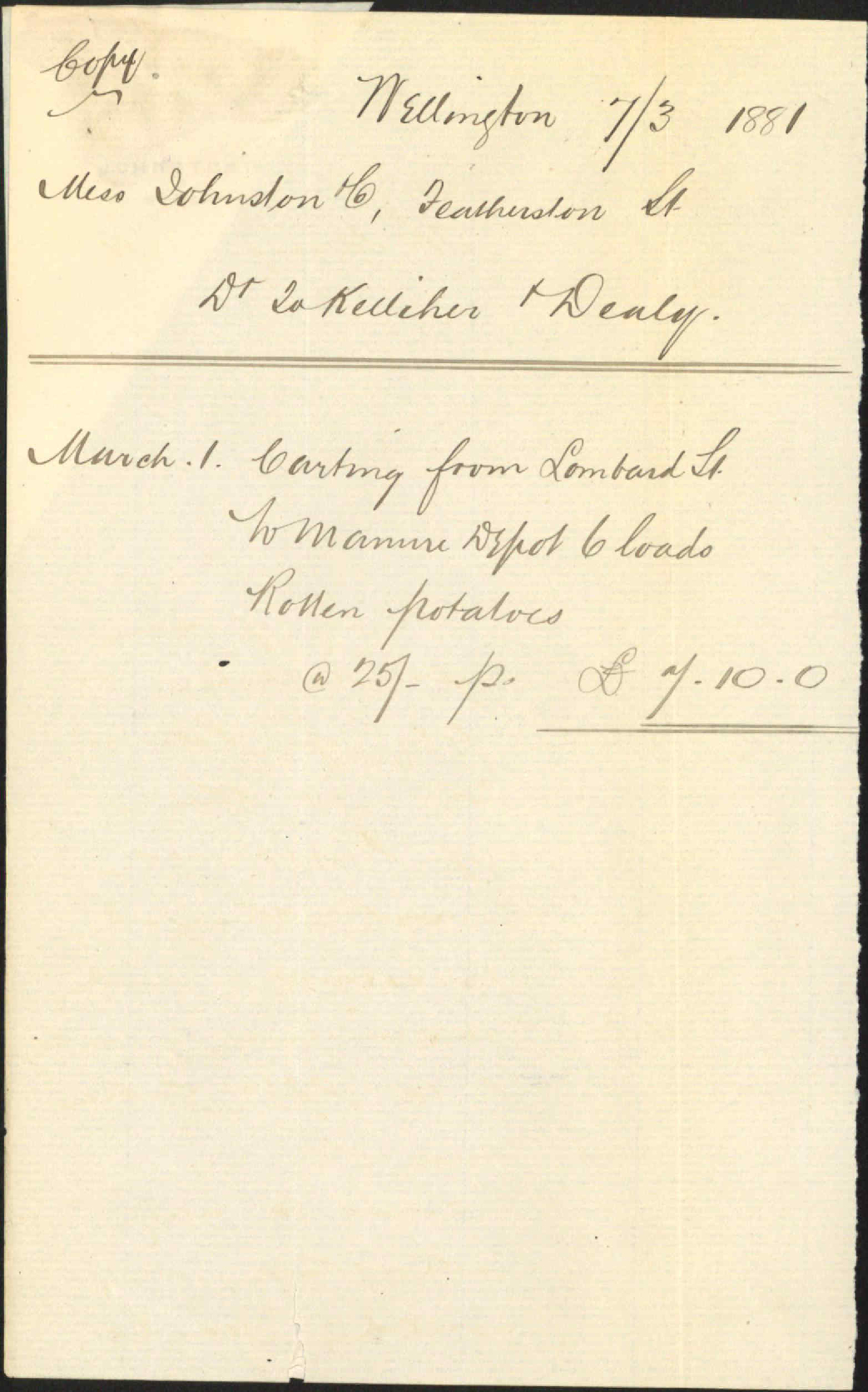 Johnston and Co, regarding overcharge for removal of rubbish [by Kelliher and Dealy]