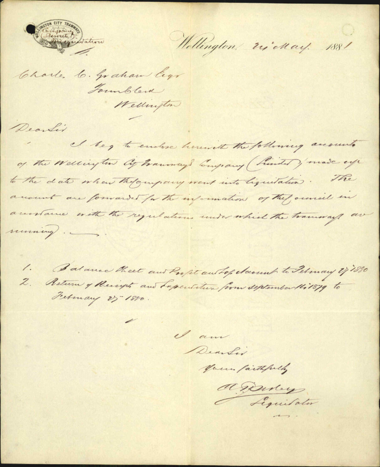 Wellington City Tramways, forwarding statement of accounts to 27/2/80 and forwarding statement of accounts to 31/10/1880
