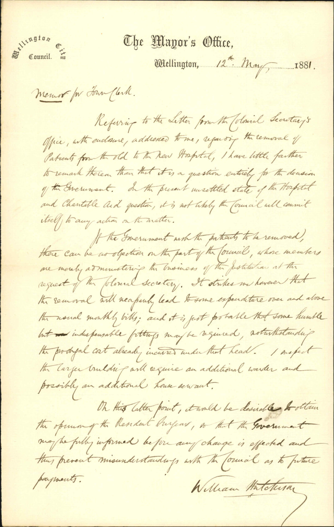 The Mayor (William Hutchison), Memo regarding removal to new hospital