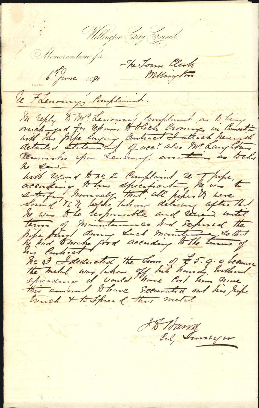 Francis Lenaway, complaint on over deduction from contract