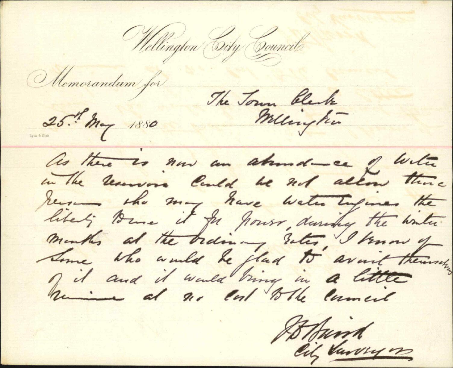 City Surveyor, use of surplus water in winter months
