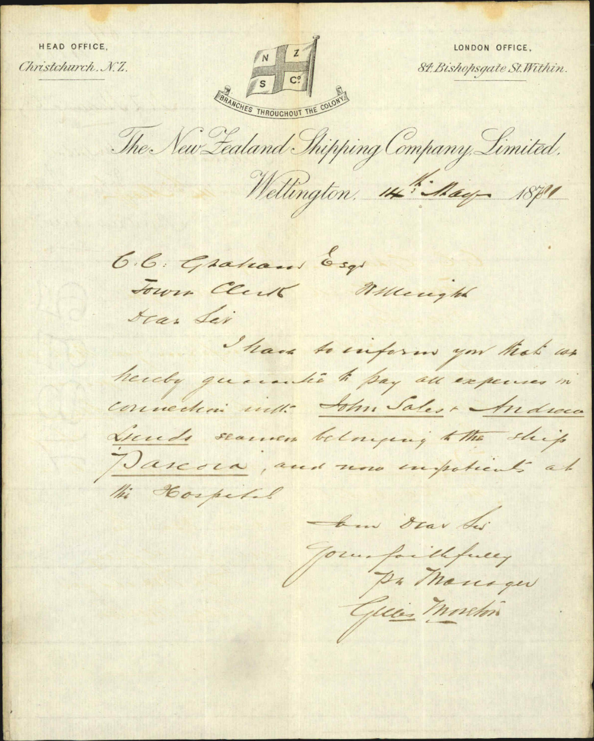 New Zealand Shipping Company, guarantee for hospital maintenance of two sailors